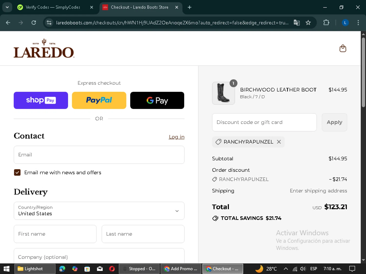 Laredo Western Boots promo code screenshot showing code Ranchyrapunzel applied at Laredo Western Boots checkout page. Uploaded by SimplyCodes community member MightyElite3532 on Aug 1, 2025