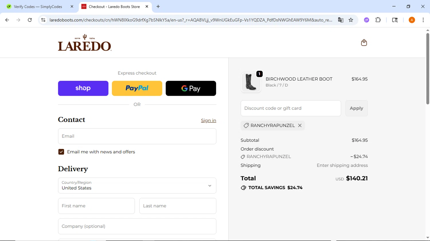 Laredo Western Boots checkout page showing Laredo Western Boots promo code box | Screenshot taken by SimplyCodes community member on Feb 14, 2026