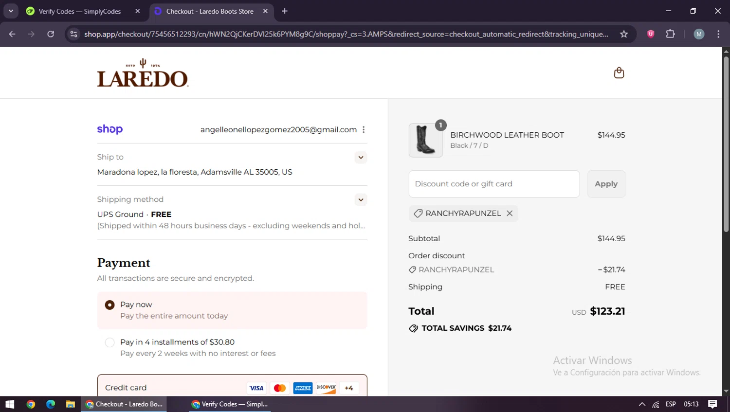 Laredo Western Boots promo code screenshot showing code Ranchyrapunzel applied at Laredo Western Boots checkout page. Uploaded by SimplyCodes community member maraxo on Aug 31, 2025