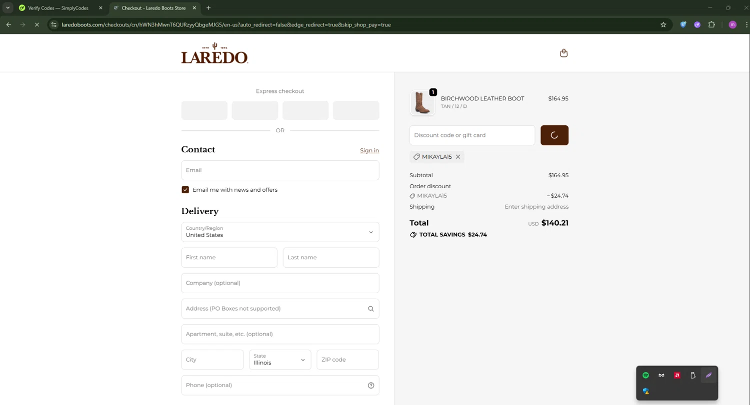 Laredo Western Boots promo code screenshot showing code MIKAYLA15 applied at Laredo Western Boots checkout page. Uploaded by SimplyCodes community member PennyWizard1195 on Oct 3, 2025