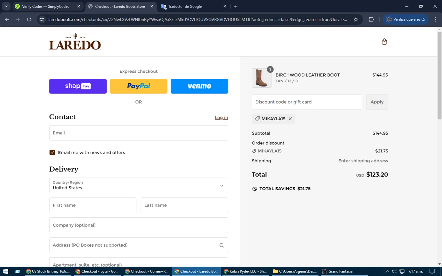 Laredo Western Boots promo code screenshot showing code MIKAYLA15 applied at Laredo Western Boots checkout page. Uploaded by SimplyCodes community member SrSolomon on Feb 2, 2025