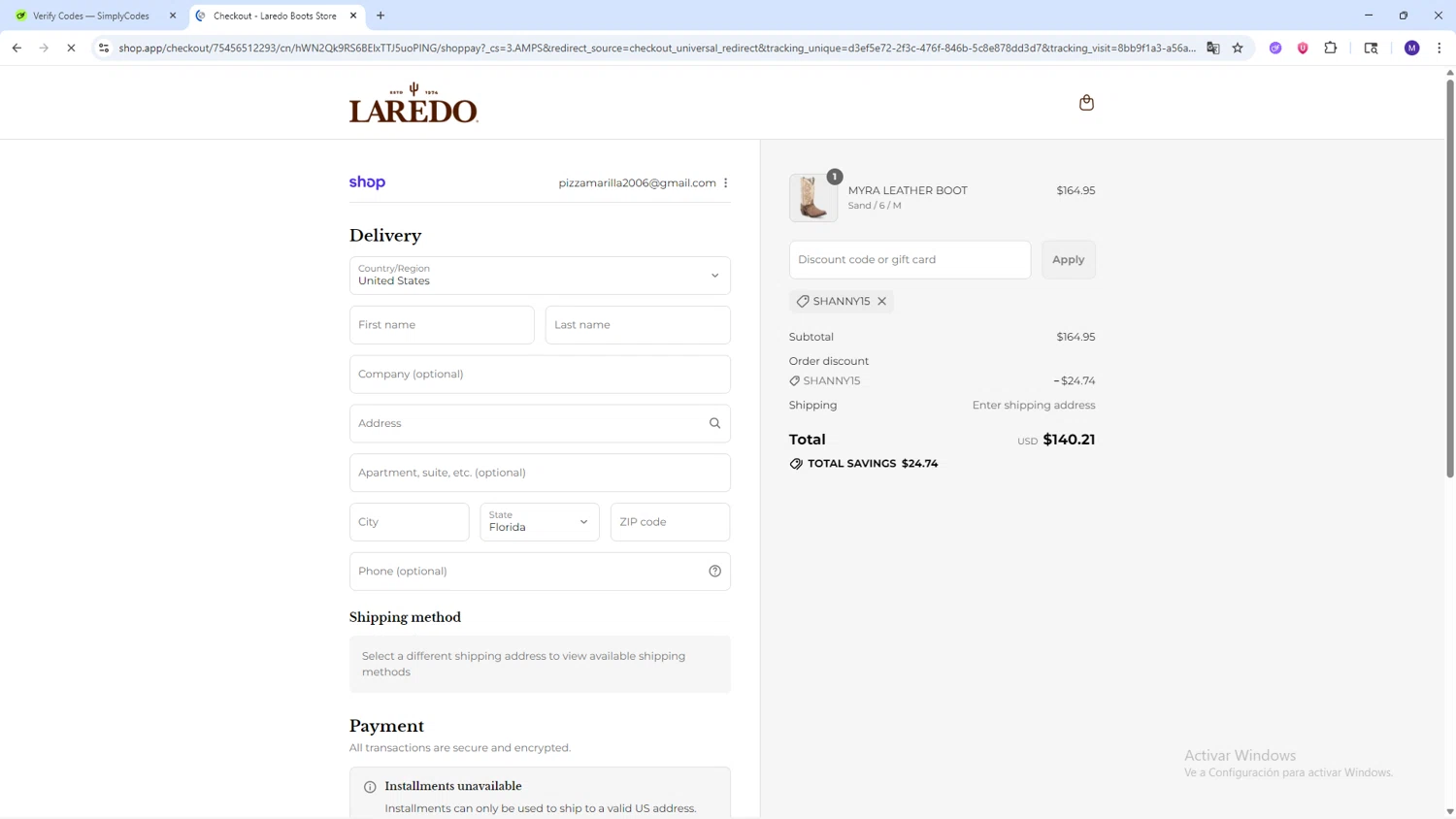 Laredo Western Boots promo code screenshot showing code SHANNY15 applied at Laredo Western Boots checkout page. Uploaded by SimplyCodes community member CRF250CC on Aug 31, 2025