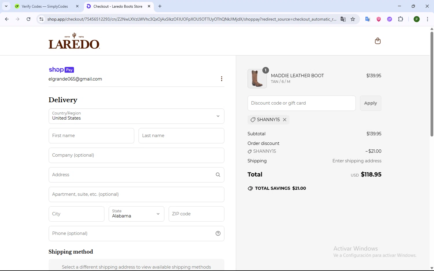 Laredo Western Boots promo code screenshot showing code SHANNY15 applied at Laredo Western Boots checkout page. Uploaded by SimplyCodes community member WonderWarden4709 on Jun 19, 2025