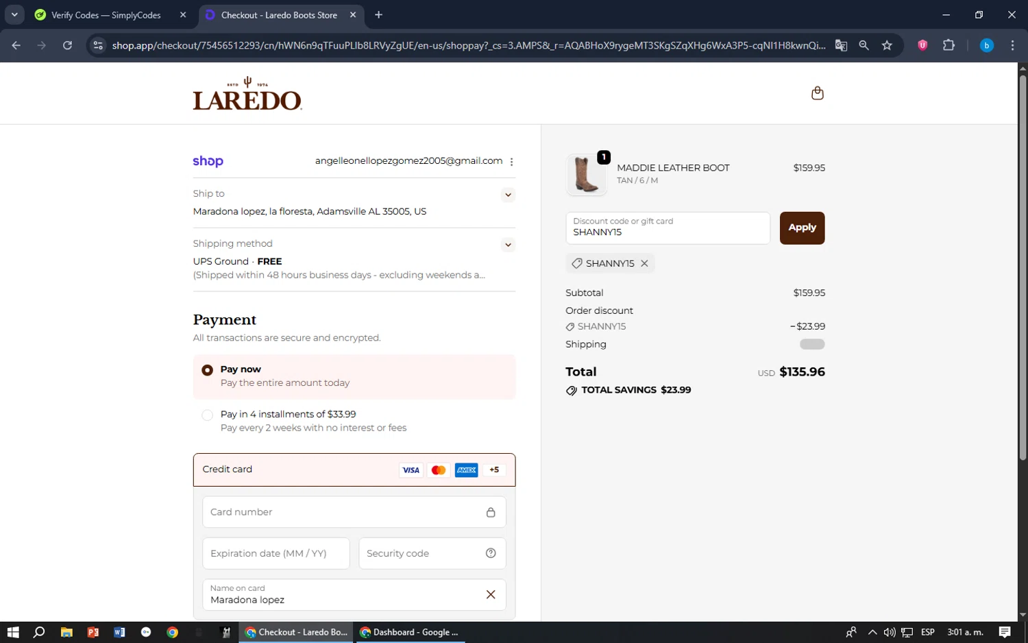 Laredo Western Boots promo code screenshot showing code SHANNY15 applied at Laredo Western Boots checkout page. Uploaded by SimplyCodes community member bilijr on Dec 24, 2025