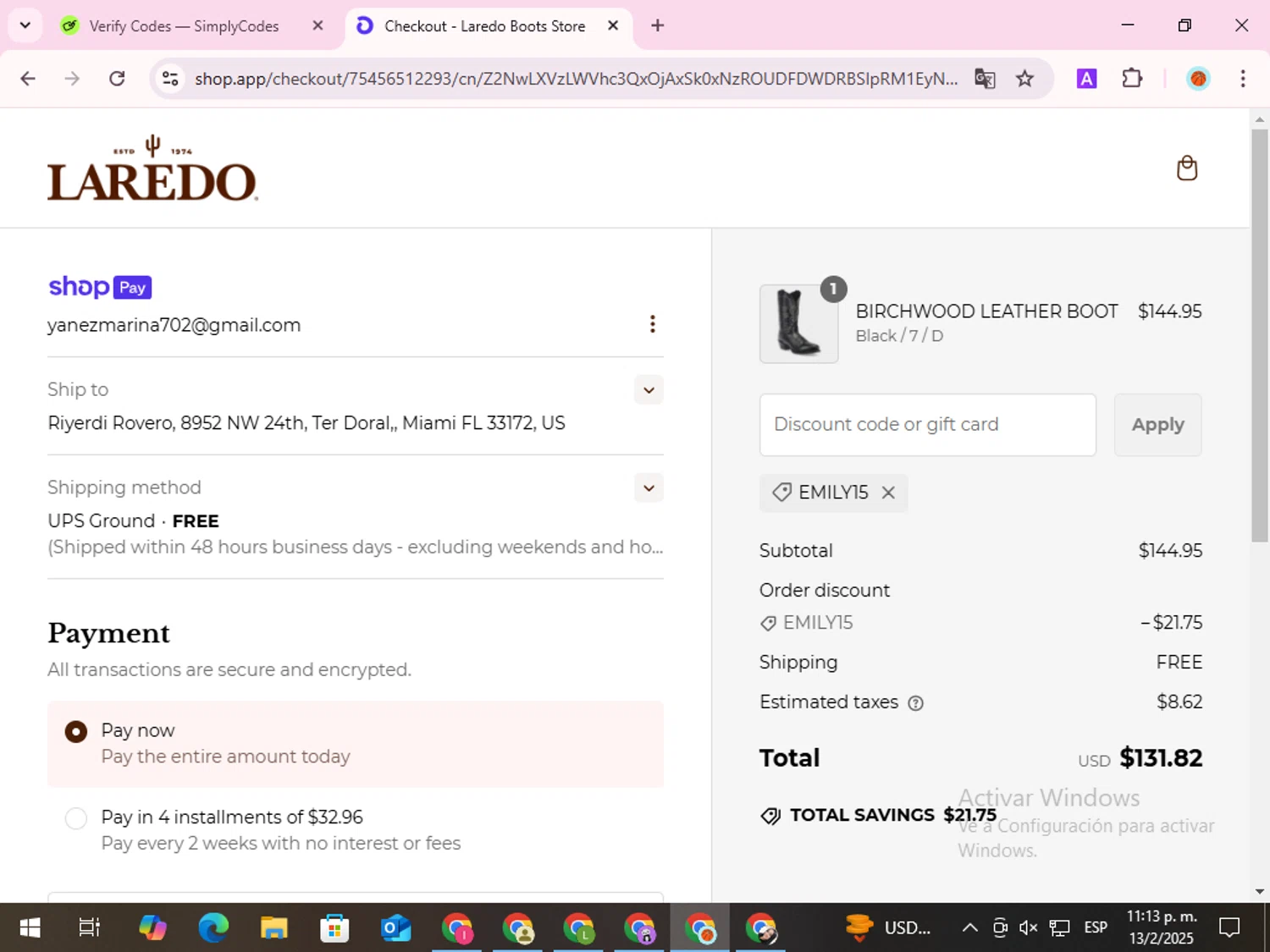 Laredo Western Boots promo code screenshot showing code EMILY15 applied at Laredo Western Boots checkout page. Uploaded by SimplyCodes community member ShieldDefender9117 on Feb 14, 2025