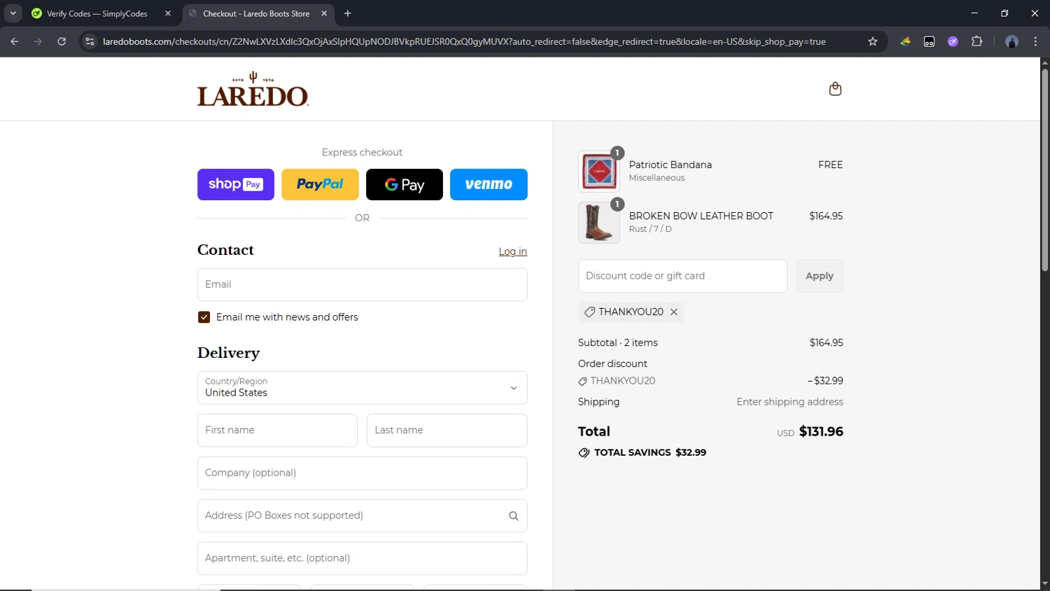 Laredo Western Boots promo code screenshot showing code THANKYOU20 applied at Laredo Western Boots checkout page. Uploaded by SimplyCodes community member Time_sin_filtro on Jul 6, 2025