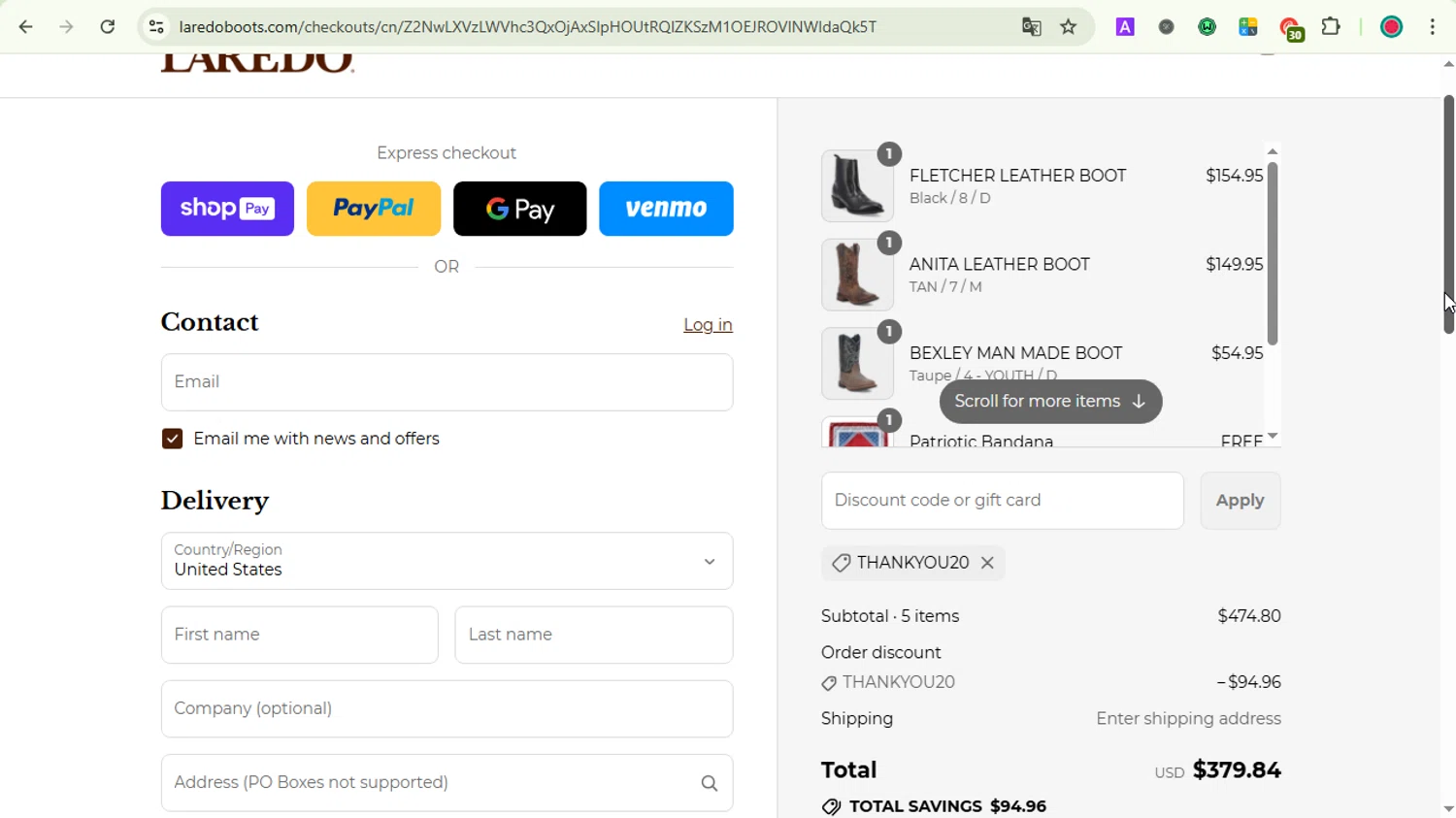 Laredo Western Boots promo code screenshot showing code THANKYOU20 applied at Laredo Western Boots checkout page. Uploaded by SimplyCodes community member LOVECOUPON on Jul 6, 2025