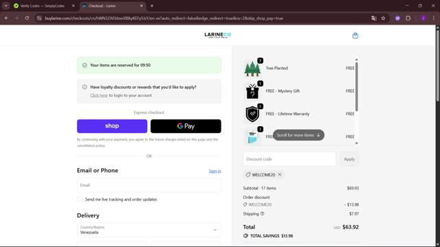 Larine checkout page showing Larine promo code box | Screenshot taken by SimplyCodes community member on Sep 30, 2025