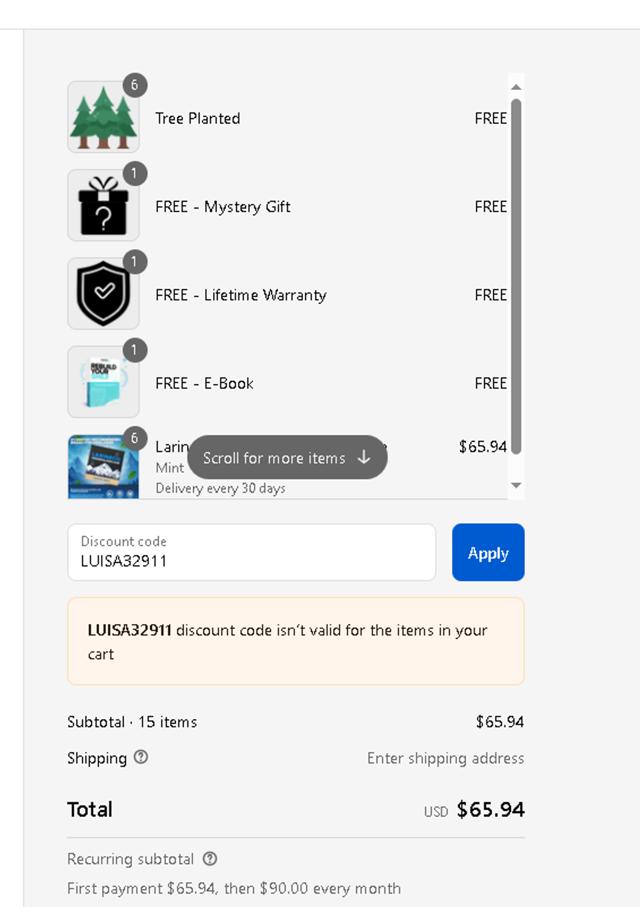 Larine checkout page showing Larine promo code box | Screenshot taken by SimplyCodes community member on Sep 11, 2025