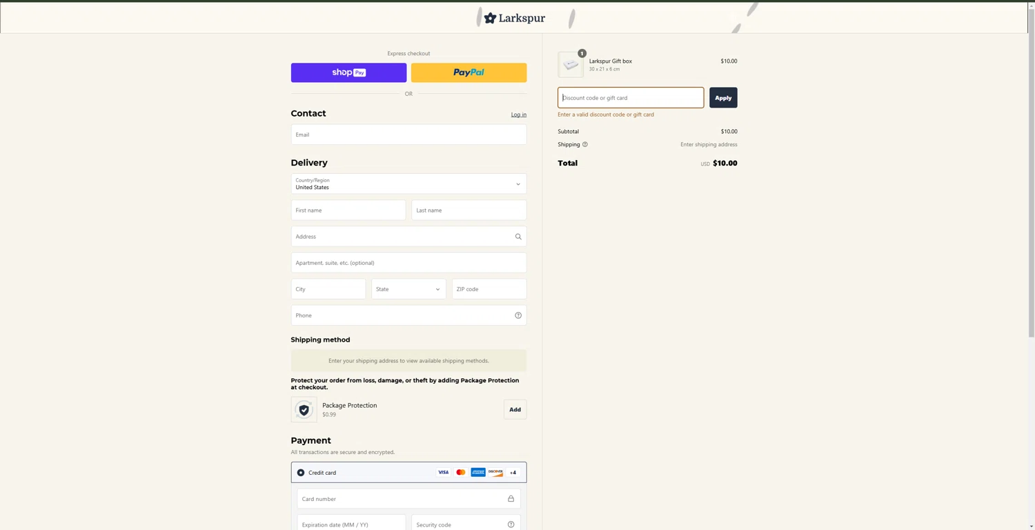 Larkspur Baby discount code screenshot showing code brooklyn15 applied at Larkspur Baby checkout page. Uploaded by SimplyCodes community member echidanarara on Feb 28, 2025