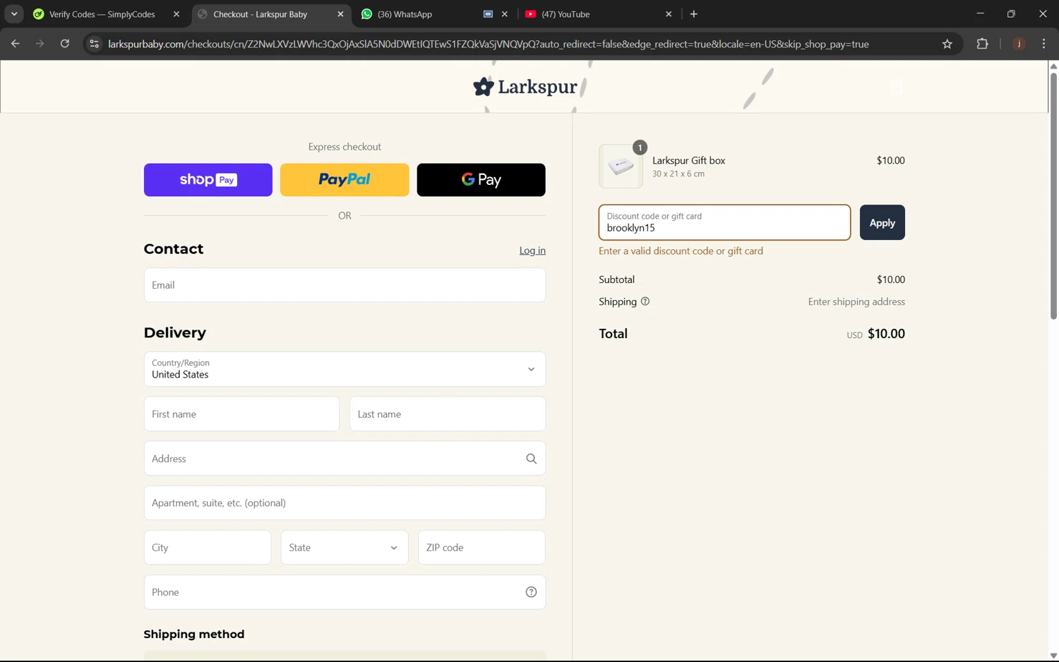 Larkspur Baby discount code screenshot showing code brooklyn15 applied at Larkspur Baby checkout page. Uploaded by SimplyCodes community member juanx1702 on Mar 14, 2025
