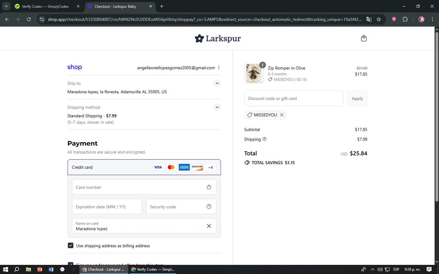 Larkspur Baby discount code screenshot showing code MISSEDYOU applied at Larkspur Baby checkout page. Uploaded by SimplyCodes community member TreasureShopper9156 on Aug 30, 2025