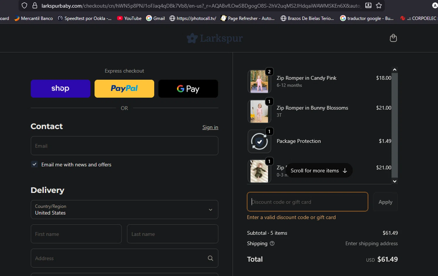 Larkspur Baby discount code screenshot showing code MISSEDYOU applied at Larkspur Baby checkout page. Uploaded by SimplyCodes community member aliriotrasmonte on Nov 28, 2025
