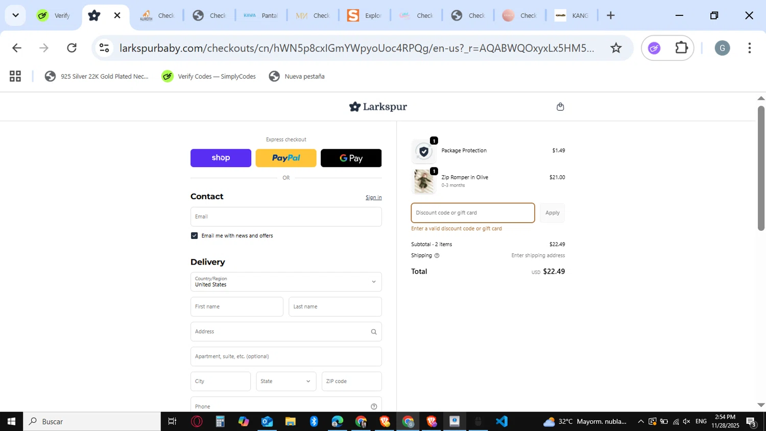 Larkspur Baby discount code screenshot showing code MISSEDYOU applied at Larkspur Baby checkout page. Uploaded by SimplyCodes community member guest_623525963 on Nov 28, 2025