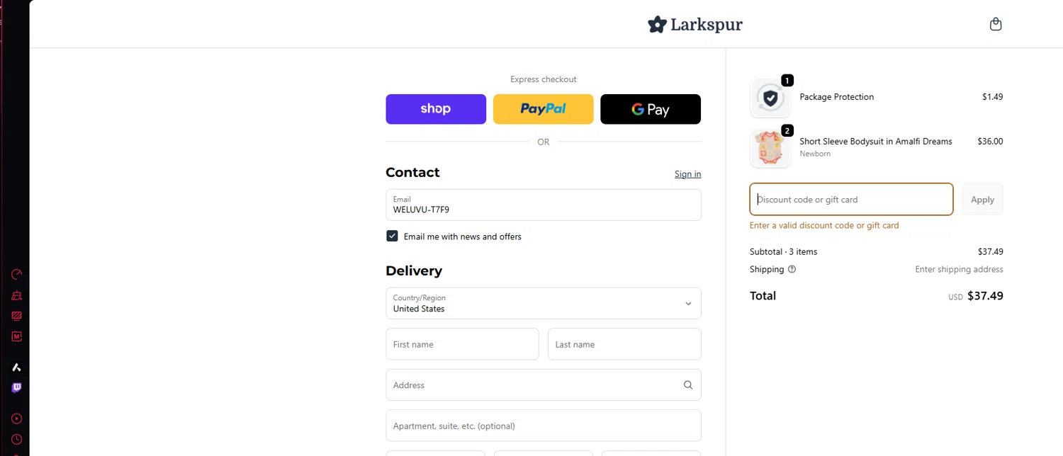 Larkspur Baby discount code screenshot showing code WELUVU-T7F9 applied at Larkspur Baby checkout page. Uploaded by SimplyCodes community member Halanweik on Feb 12, 2026