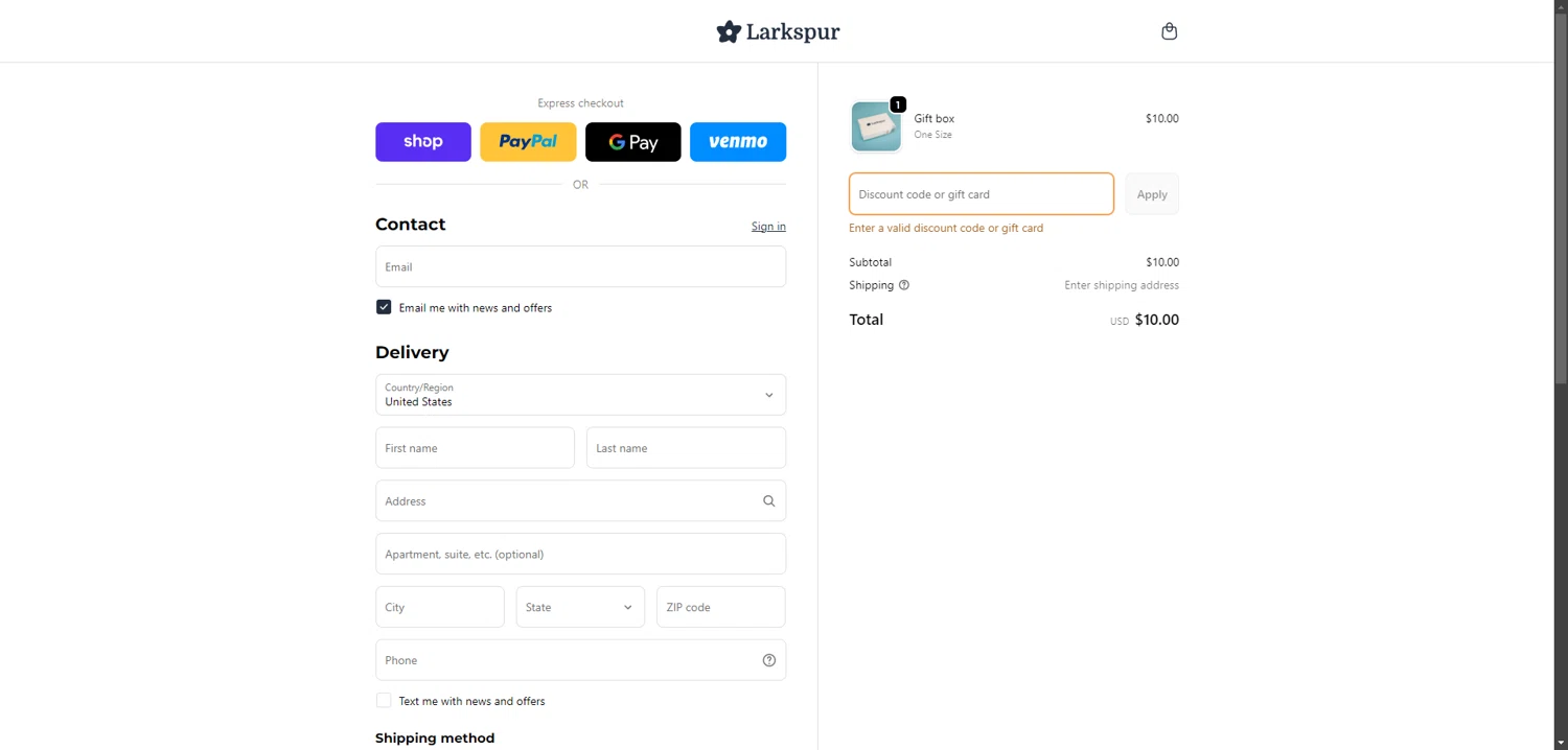 Larkspur Baby discount code screenshot showing code WELUVU-T7F9 applied at Larkspur Baby checkout page. Uploaded by SimplyCodes community member LOgoter on Feb 14, 2026