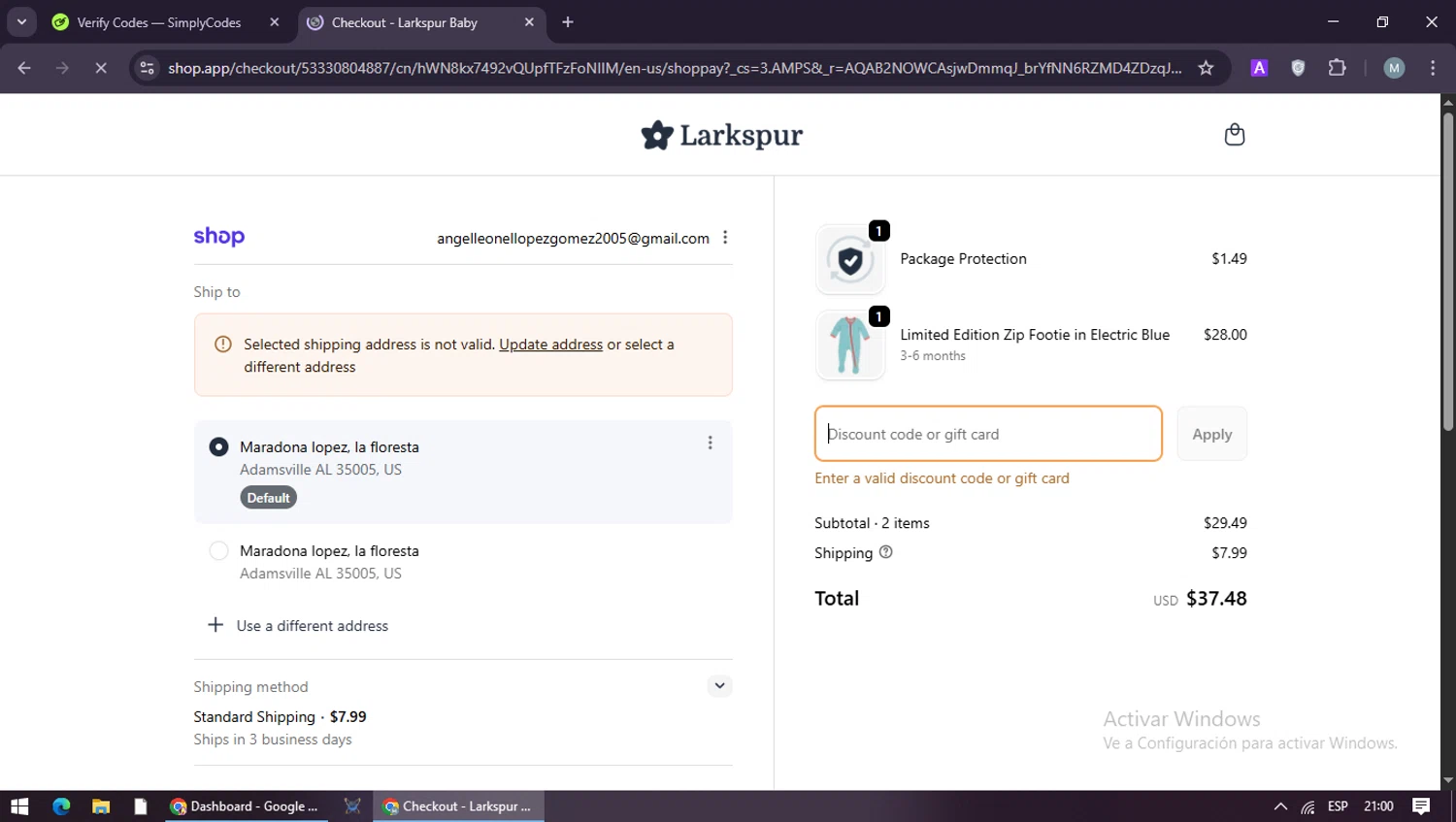 Larkspur Baby discount code screenshot showing code WELUVU-T7F9 applied at Larkspur Baby checkout page. Uploaded by SimplyCodes community member maraxo on Feb 14, 2026