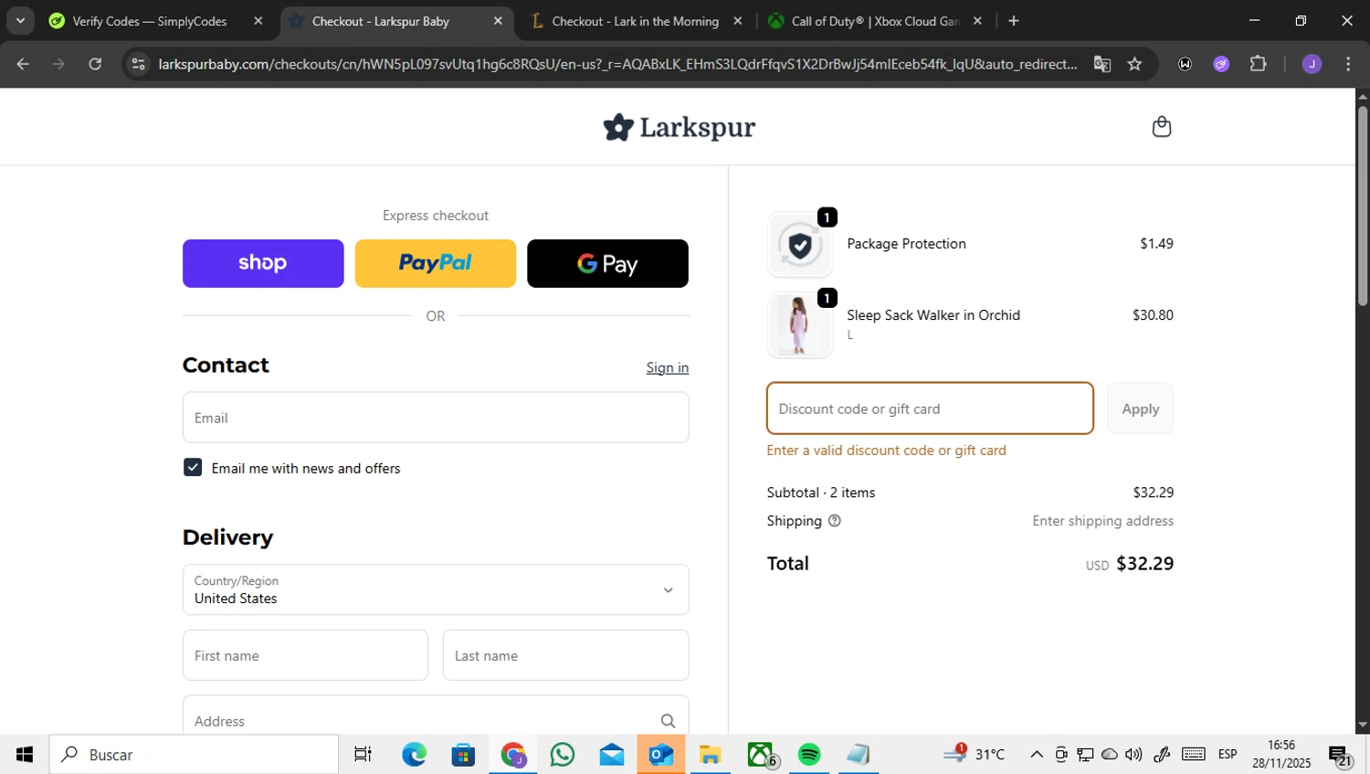 Larkspur Baby discount code screenshot showing code WELCOME15 applied at Larkspur Baby checkout page. Uploaded by SimplyCodes community member ENCARAMESSI on Nov 28, 2025