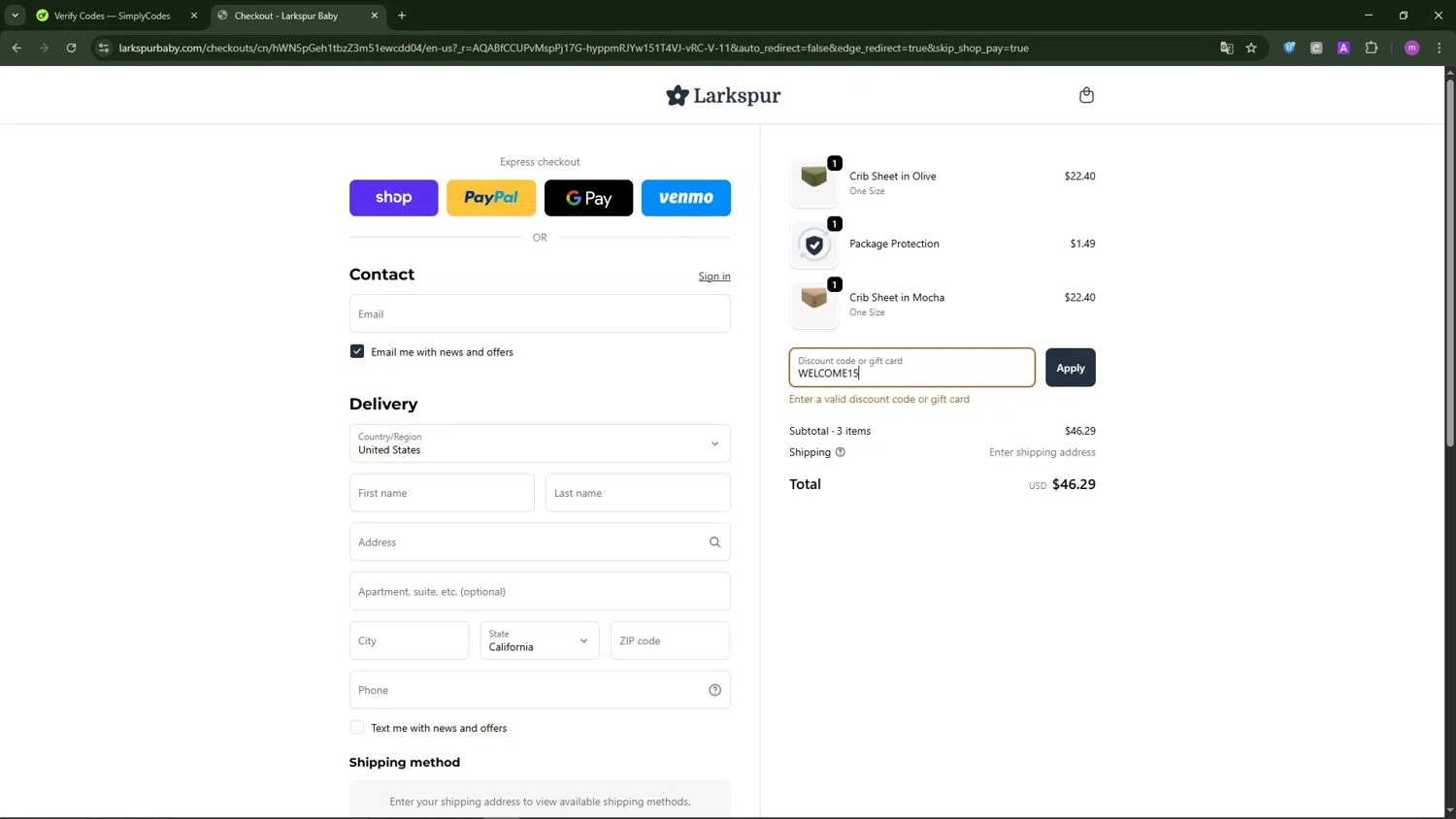 Larkspur Baby discount code screenshot showing code WELCOME15 applied at Larkspur Baby checkout page. Uploaded by SimplyCodes community member TokenChaser4876 on Nov 28, 2025