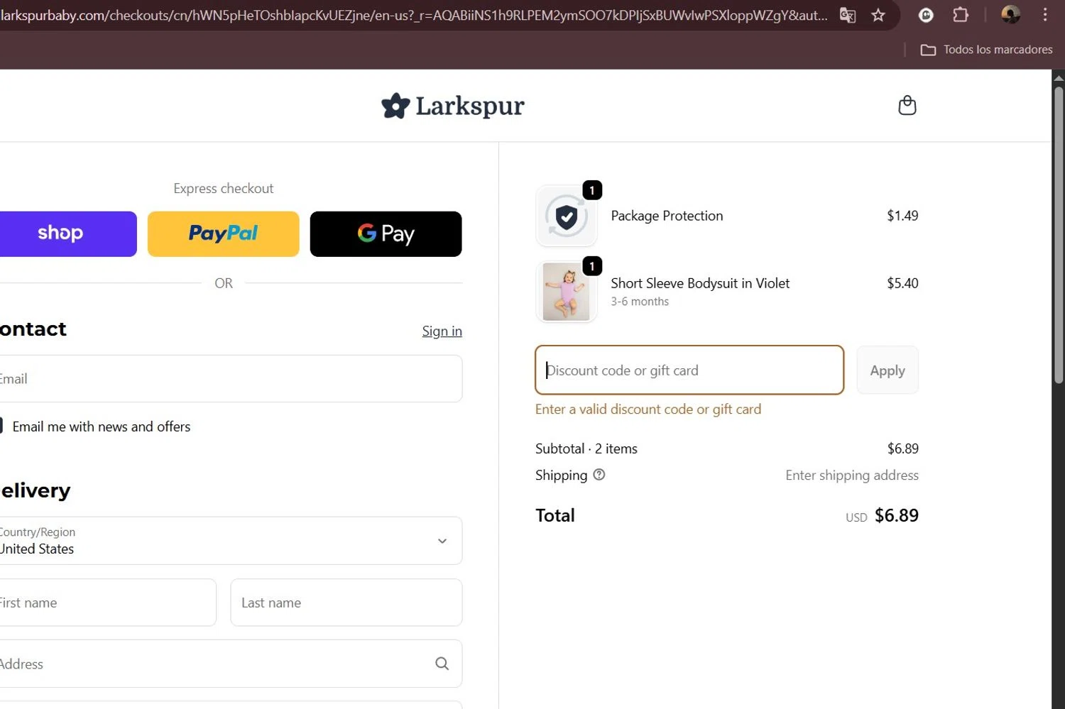 Larkspur Baby discount code screenshot showing code SAVE10 applied at Larkspur Baby checkout page. Uploaded by SimplyCodes community member Milaya on Nov 28, 2025