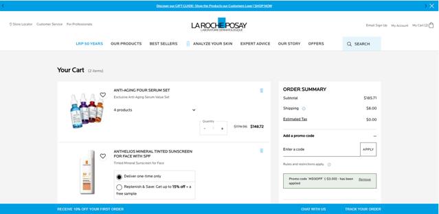 La Roche-Posay checkout page showing La Roche-Posay promo code box | Screenshot taken by SimplyCodes community member on Aug 21, 2025