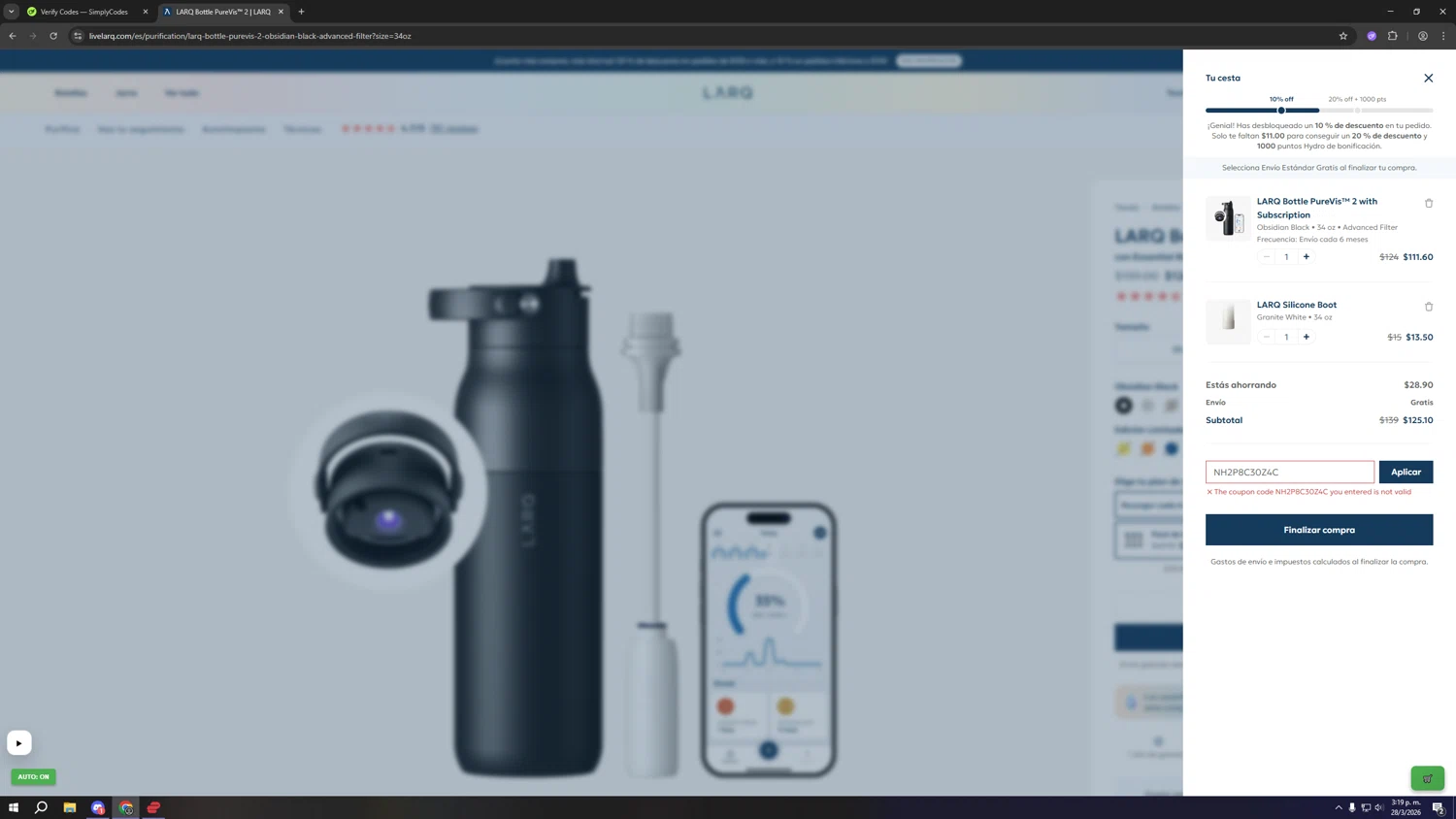 LARQ promo code screenshot showing code NH2P8C30Z4C applied at LARQ checkout page. Uploaded by SimplyCodes community member vbvdftg45 on Mar 28, 2026