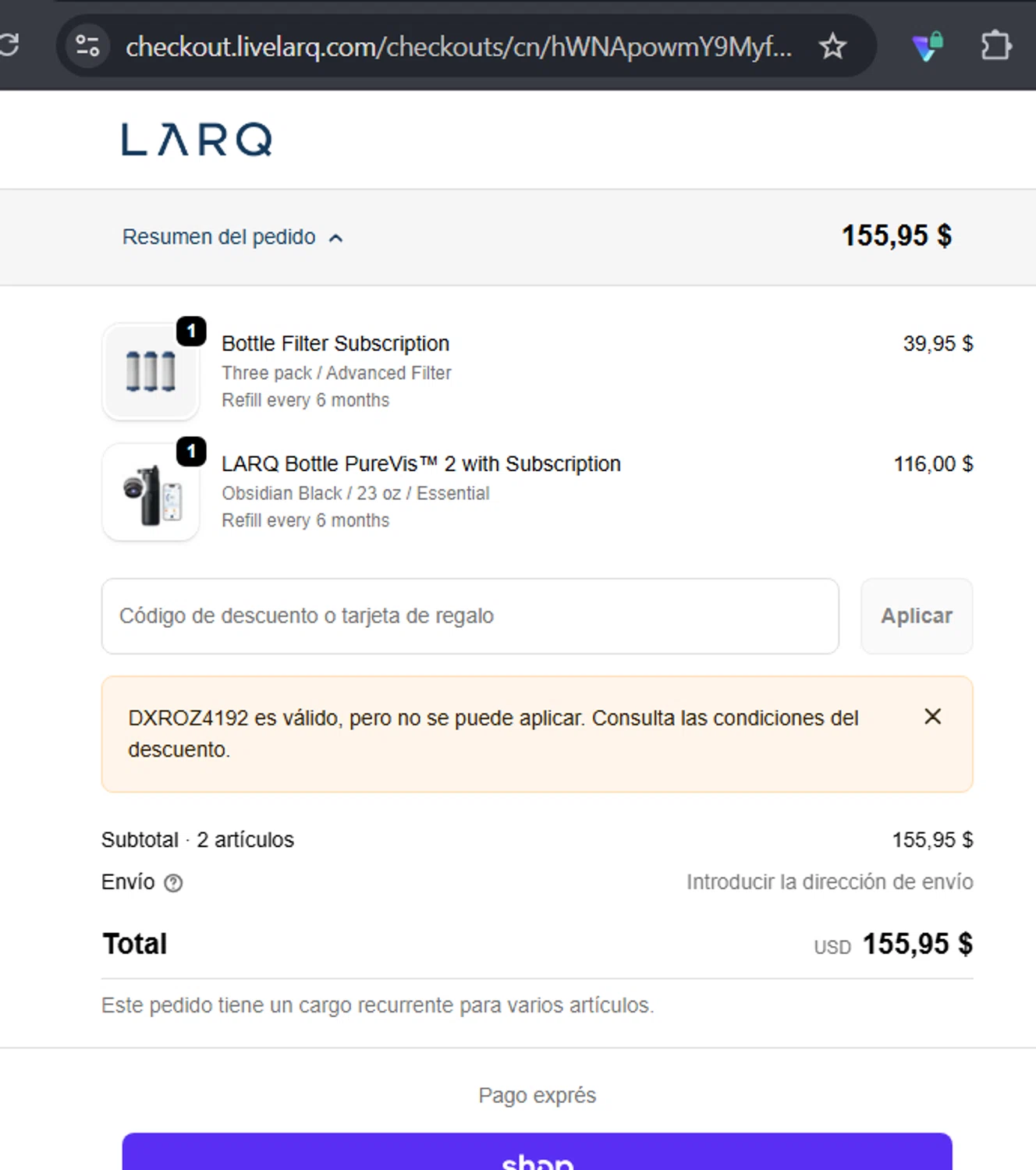 LARQ promo code screenshot showing code DXROZ4192 applied at LARQ checkout page. Uploaded by SimplyCodes community member RafaLB on Apr 9, 2026