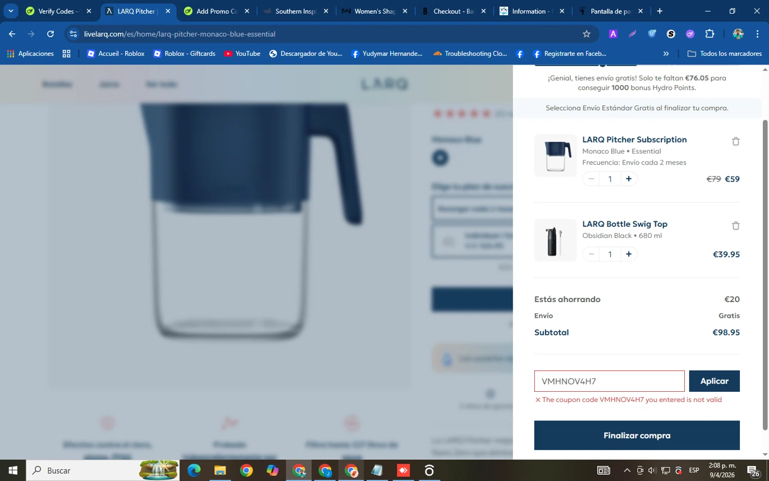 LARQ promo code screenshot showing code VMHNOV4H7 applied at LARQ checkout page. Uploaded by SimplyCodes community member helicoide on Apr 9, 2026
