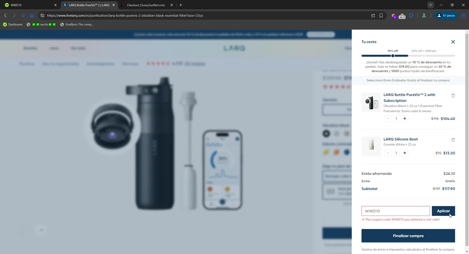 LARQ promo code screenshot showing code WWD10 applied at LARQ checkout page. Uploaded by SimplyCodes community member lospitbull on Mar 25, 2026