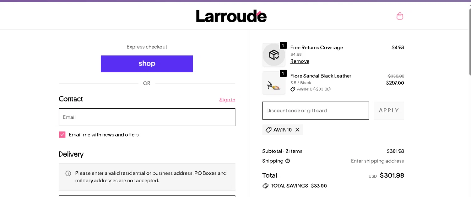Larroude promo code screenshot showing code AWIN10 applied at Larroude checkout page. Uploaded by SimplyCodes community member beatrizcastillo on Jun 5, 2026