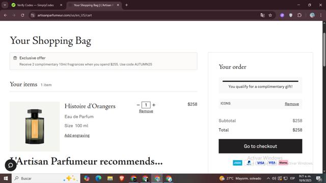 L'Artisan Parfumeur checkout page showing L'Artisan Parfumeur promo code box | Screenshot taken by SimplyCodes community member on Sep 10, 2025