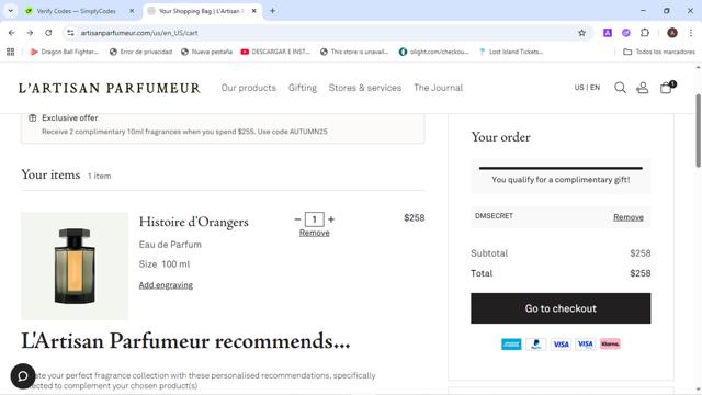 L'Artisan Parfumeur checkout page showing L'Artisan Parfumeur promo code box | Screenshot taken by SimplyCodes community member on Sep 9, 2025