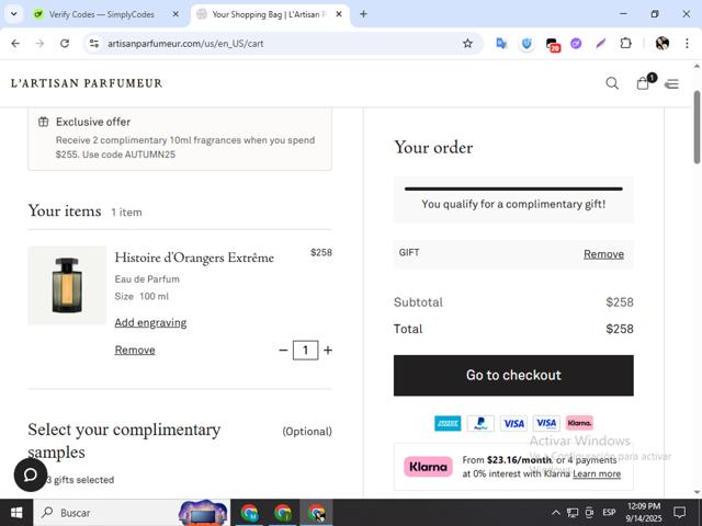 L'Artisan Parfumeur checkout page showing L'Artisan Parfumeur promo code box | Screenshot taken by SimplyCodes community member on Sep 14, 2025