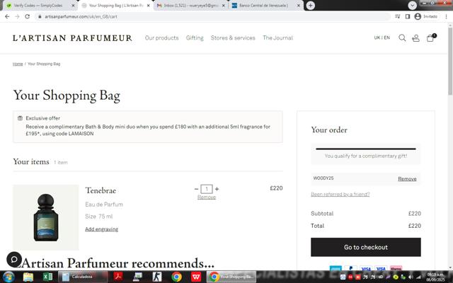 L'Artisan Parfumeur checkout page showing L'Artisan Parfumeur promo code box | Screenshot taken by SimplyCodes community member on Sep 8, 2025