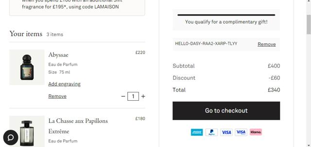 L'Artisan Parfumeur checkout page showing L'Artisan Parfumeur promo code box | Screenshot taken by SimplyCodes community member on Sep 14, 2025