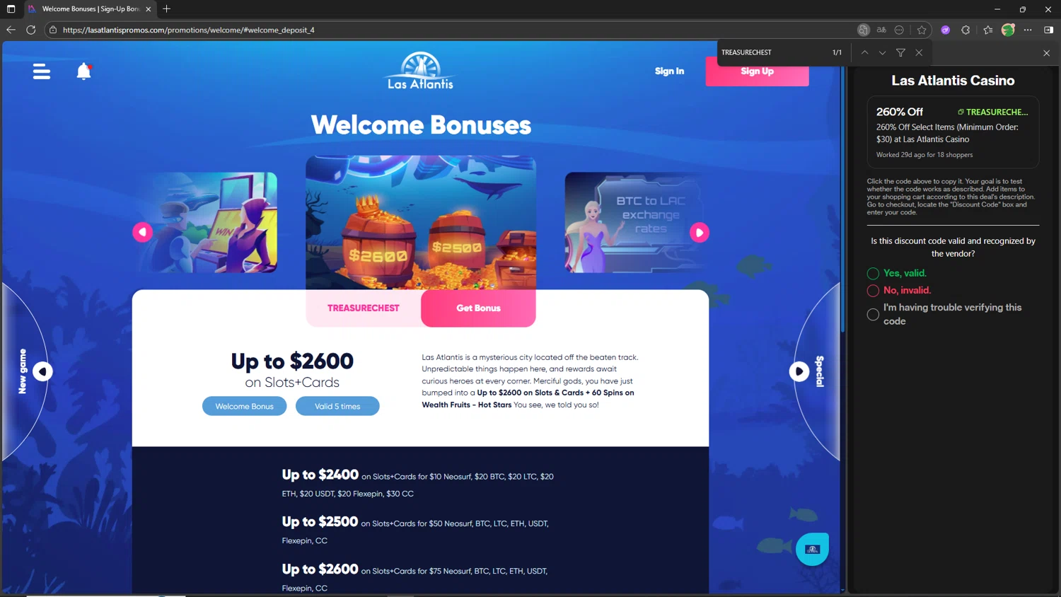 Las Atlantis Casino promo code screenshot showing code TREASURECHEST applied at Las Atlantis Casino checkout page. Uploaded by SimplyCodes community member KeiJJ18 on Nov 28, 2025