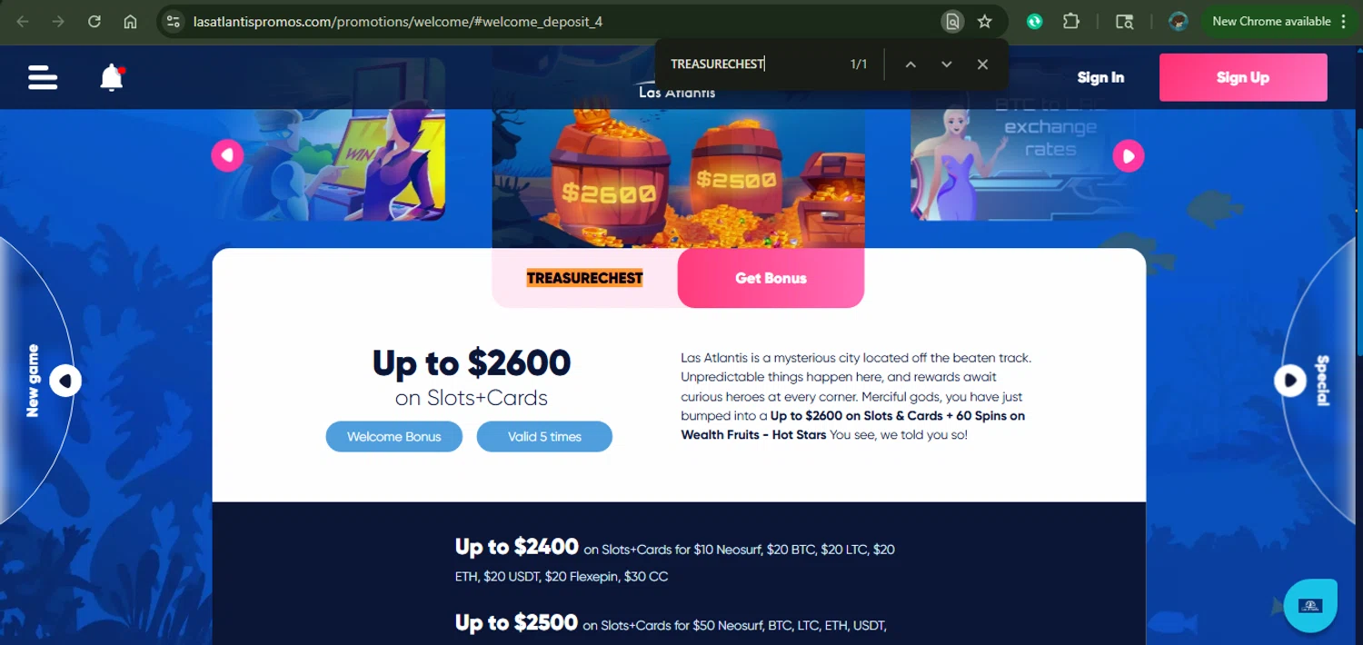 Las Atlantis Casino promo code screenshot showing code TREASURECHEST applied at Las Atlantis Casino checkout page. Uploaded by SimplyCodes community member MariaCorinaMachado on Oct 31, 2025