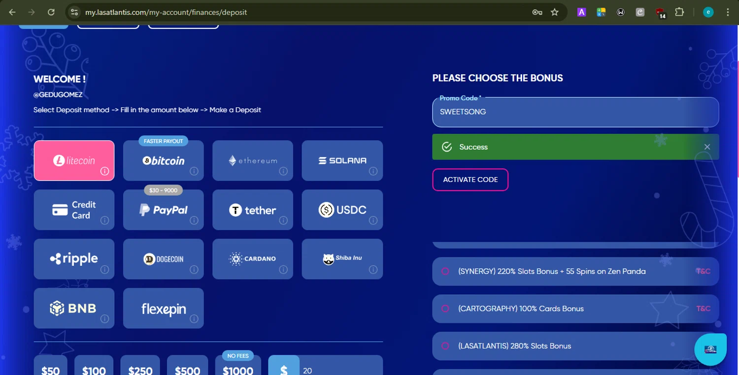Las Atlantis Casino checkout page showing Las Atlantis Casino promo code box | Screenshot taken by SimplyCodes community member on Jan 23, 2026