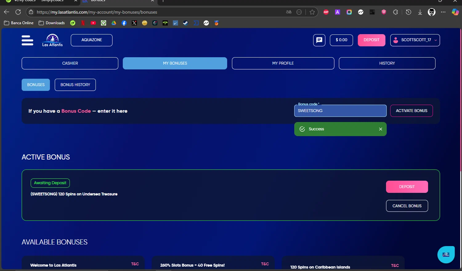 Las Atlantis Casino promo code screenshot showing code SWEETSONG applied at Las Atlantis Casino checkout page. Uploaded by SimplyCodes community member ROCKSORD on Jul 7, 2025