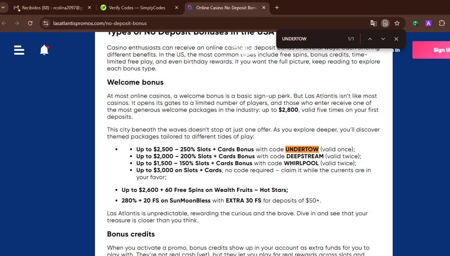 Las Atlantis Casino promo code screenshot showing code UNDERTOW applied at Las Atlantis Casino checkout page. Uploaded by SimplyCodes community member WonderWarden594 on Dec 4, 2025