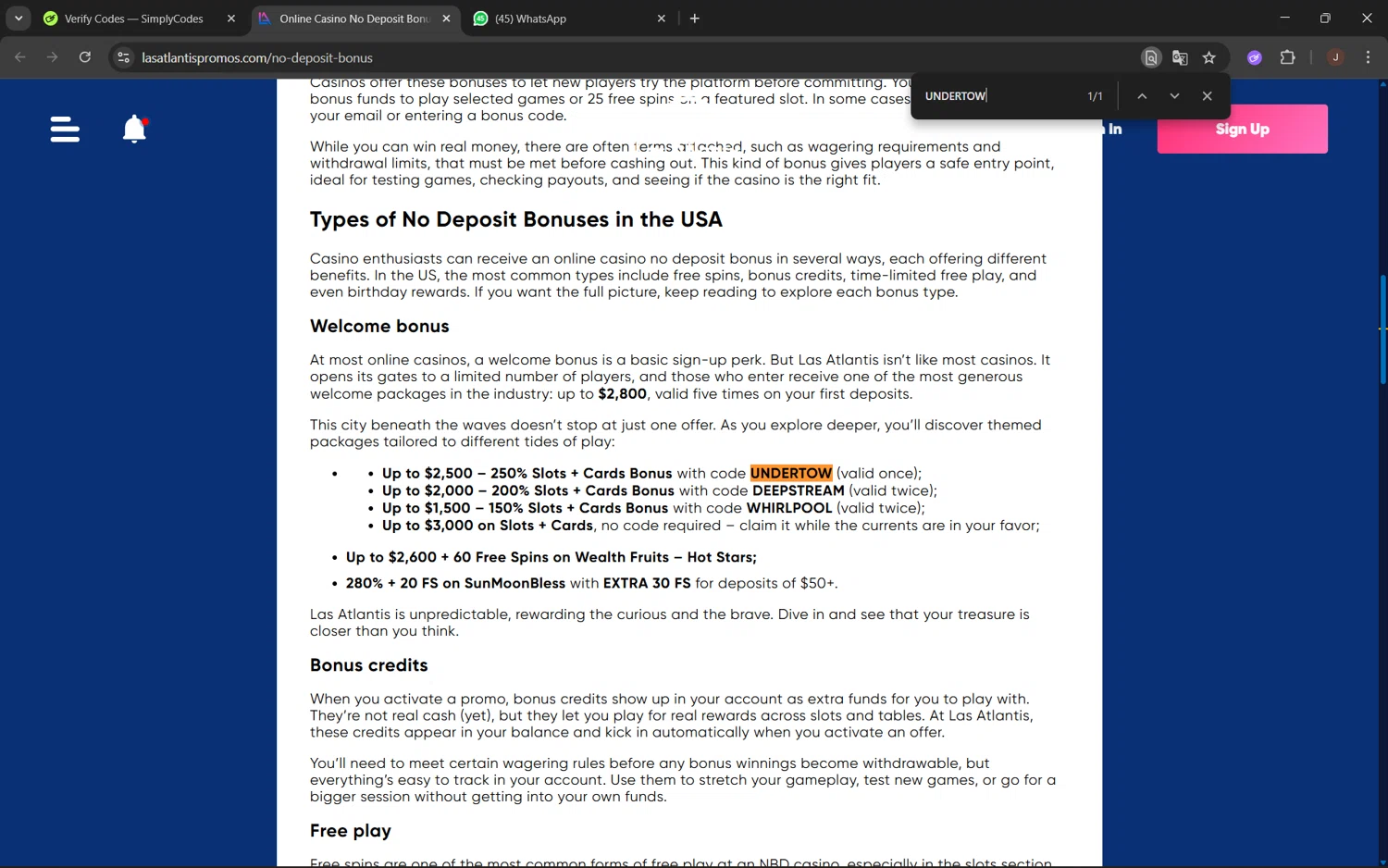 Las Atlantis Casino promo code screenshot showing code UNDERTOW applied at Las Atlantis Casino checkout page. Uploaded by SimplyCodes community member juanx1702 on Sep 8, 2025
