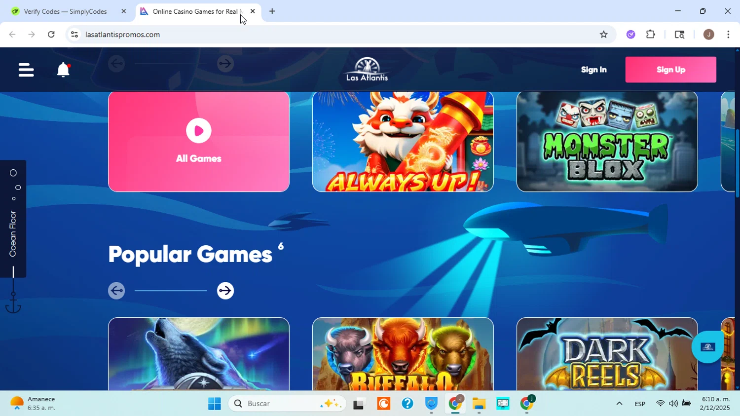 Las Atlantis Casino promo code screenshot showing code SEACATS applied at Las Atlantis Casino checkout page. Uploaded by SimplyCodes community member ABHF23 on Dec 2, 2025