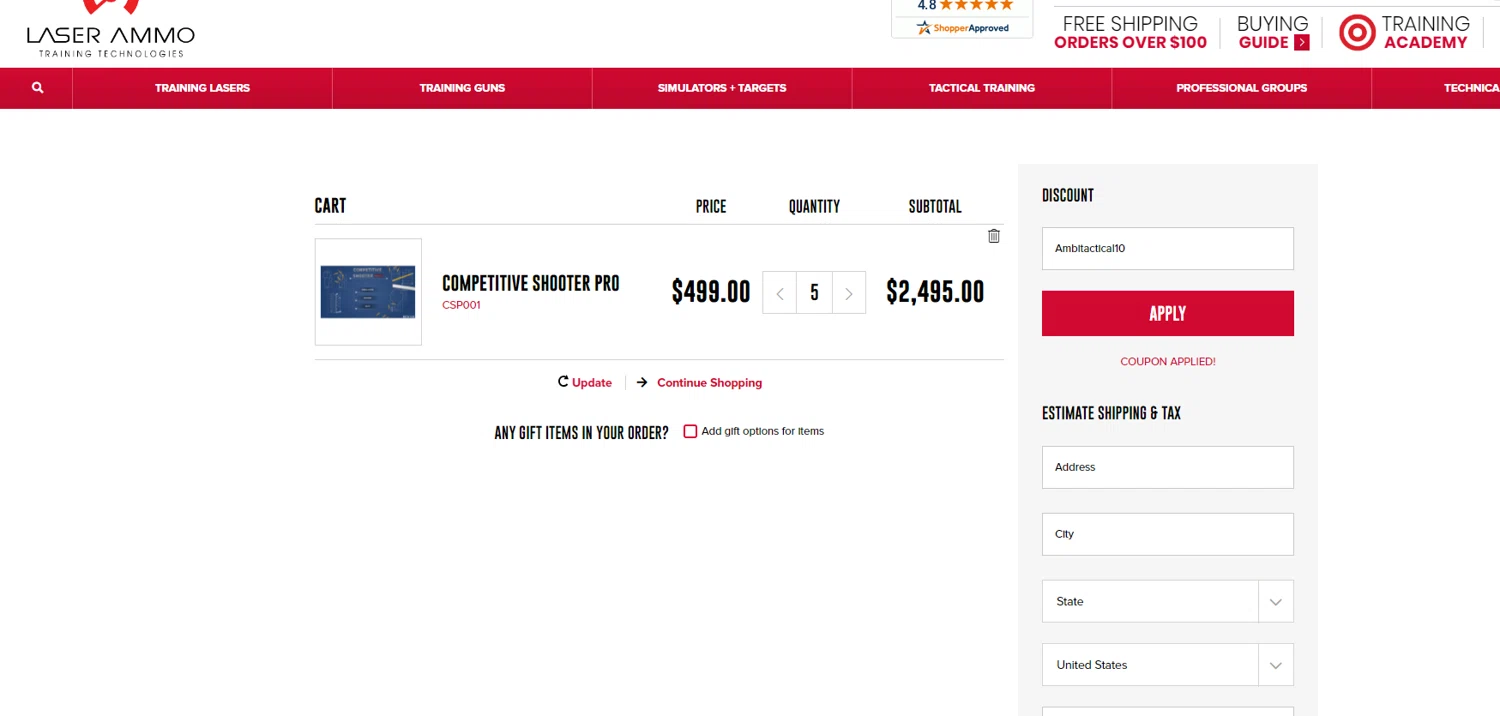 Laser Ammo checkout page showing Laser Ammo discount code box | Screenshot taken by SimplyCodes community member on Jun 23, 2024