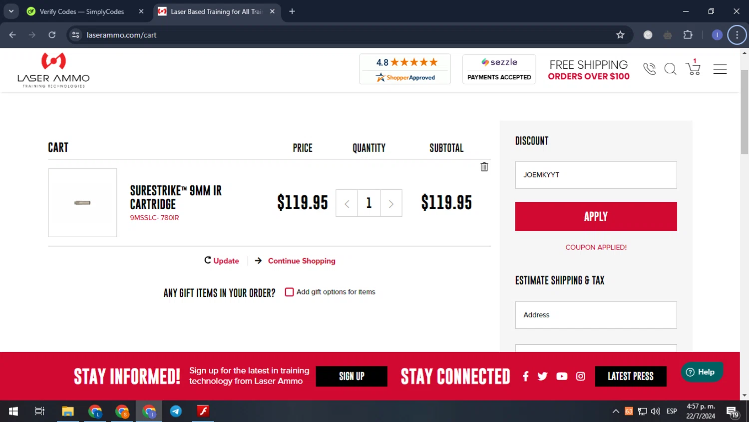 Laser Ammo checkout page showing Laser Ammo discount code box | Screenshot taken by SimplyCodes community member on Jul 22, 2024