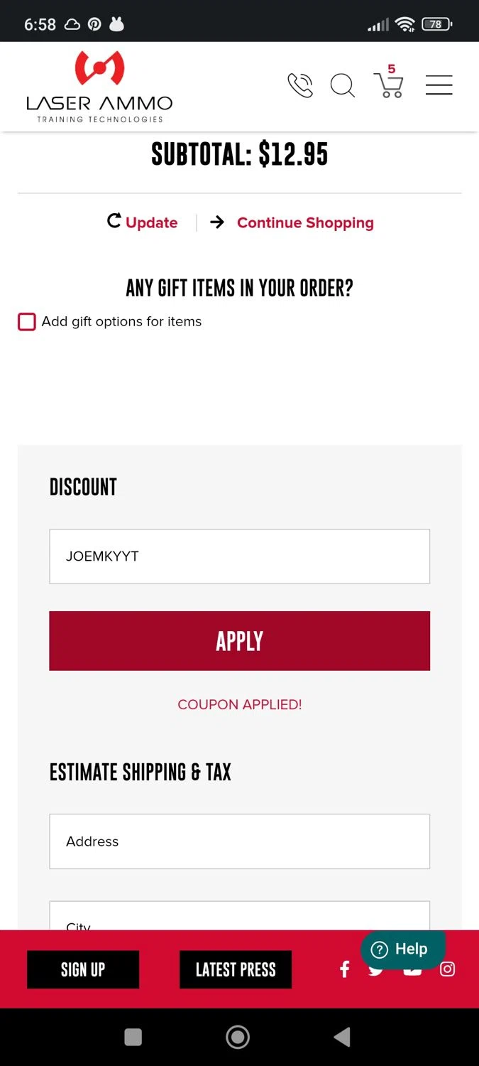Laser Ammo checkout page showing Laser Ammo discount code box | Screenshot taken by SimplyCodes community member on Jul 13, 2024