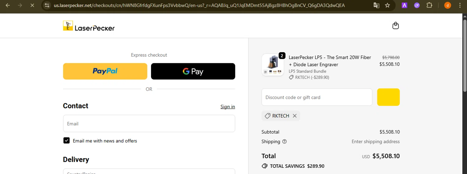 Laserpecker promo code screenshot showing code RKTECH applied at Laserpecker checkout page. Uploaded by SimplyCodes community member PennyAdmiral6960 on Feb 1, 2026