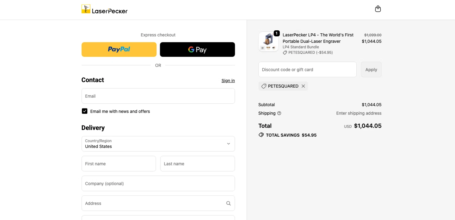 Laserpecker promo code screenshot showing code petesquared applied at Laserpecker checkout page. Uploaded by SimplyCodes community member ELOIN777 on Apr 22, 2026