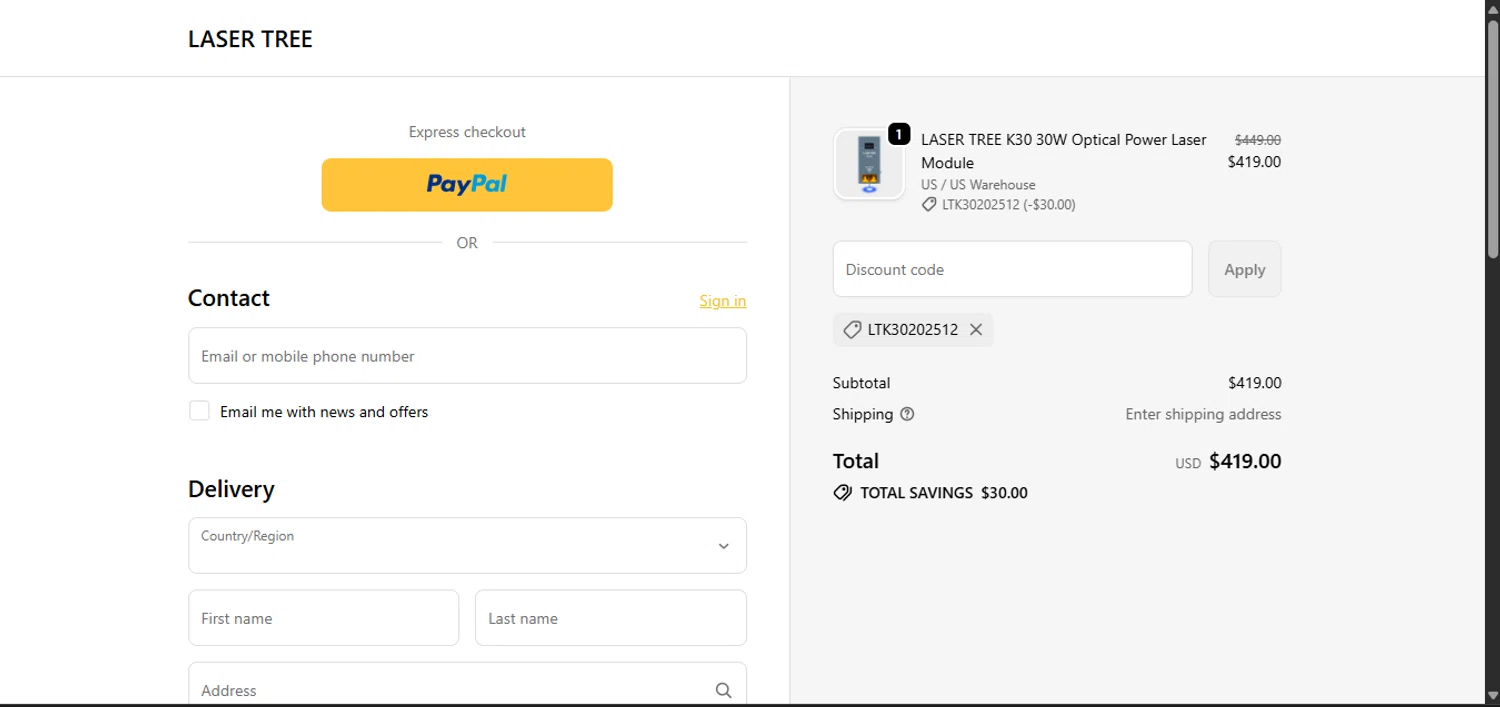 Lasertree promo code screenshot showing code LTK30202512 applied at Lasertree checkout page. Uploaded by SimplyCodes community member ______________ on Dec 5, 2025