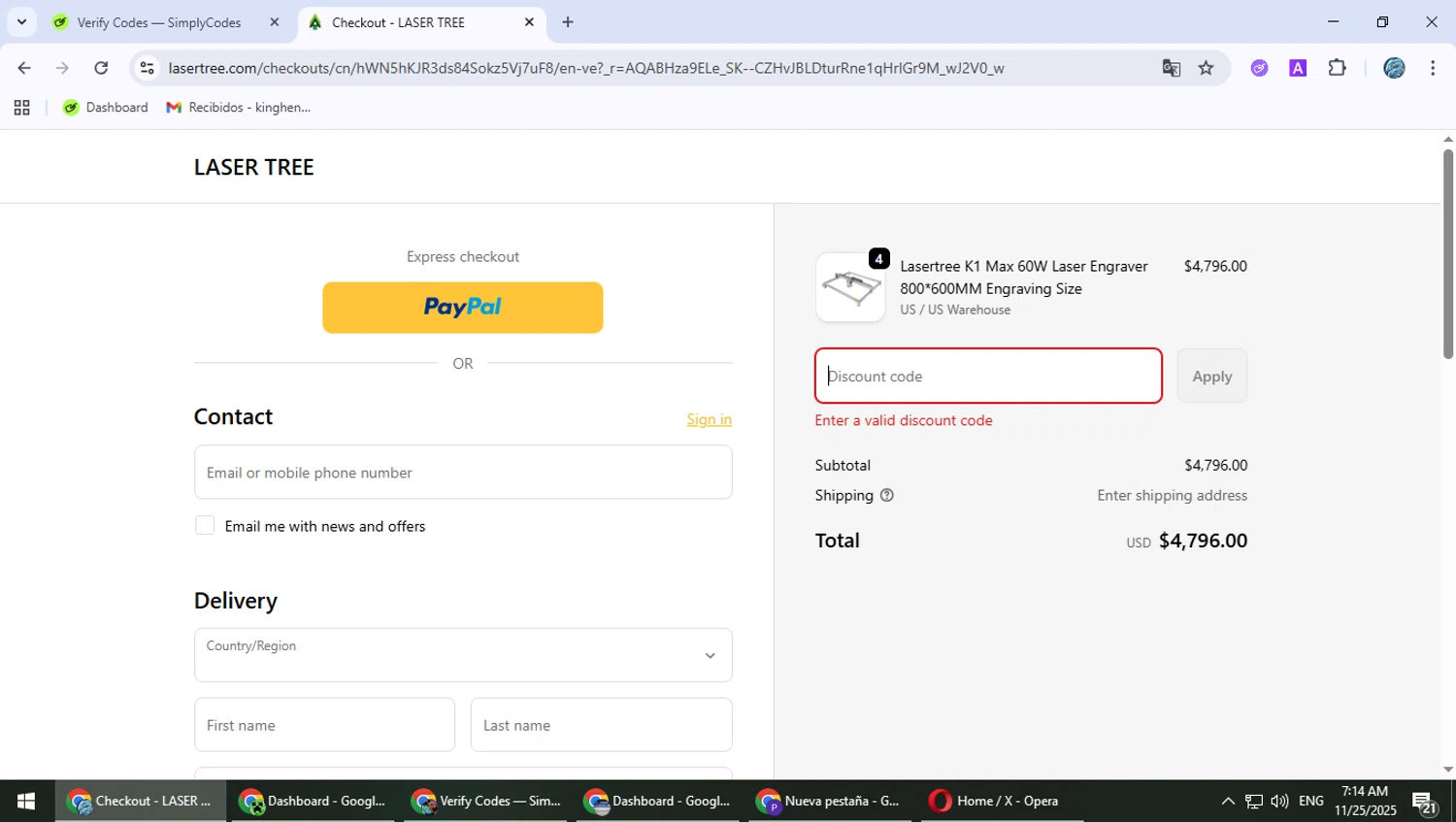 Lasertree promo code screenshot showing code EARLYK1Max60W applied at Lasertree checkout page. Uploaded by SimplyCodes community member PokeGOAT on Nov 25, 2025