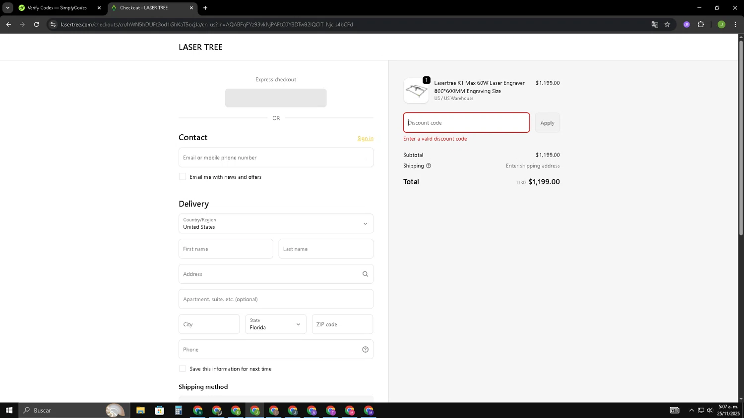 Lasertree promo code screenshot showing code EARLYK1Max60W applied at Lasertree checkout page. Uploaded by SimplyCodes community member SAIKOO on Nov 25, 2025